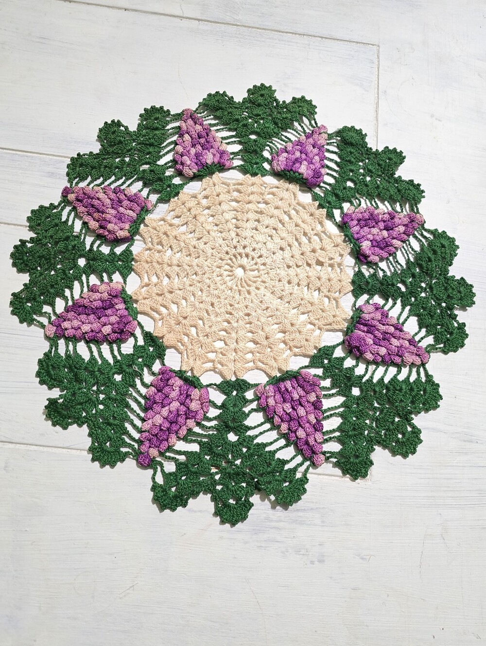 Handmade Crochet Doily with Purple Grape Motif